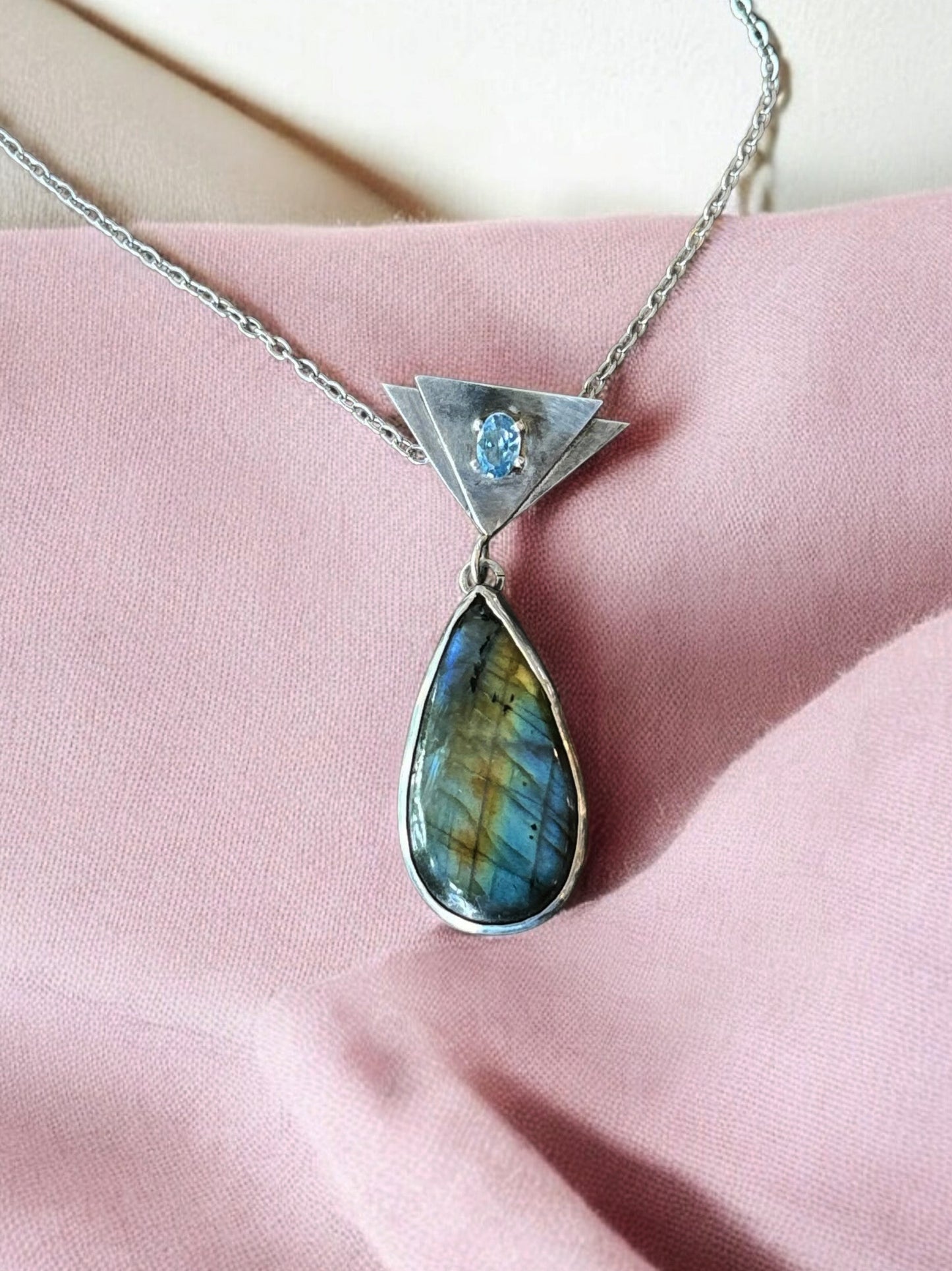 Labradorite Teardrop Pendant set in sterling silver with aquamarine gemstone prong set on double triangle, trendy gemstone necklace, flashy labradorite, intuition enhancing stone, gift for rock lover, handmade birthday present