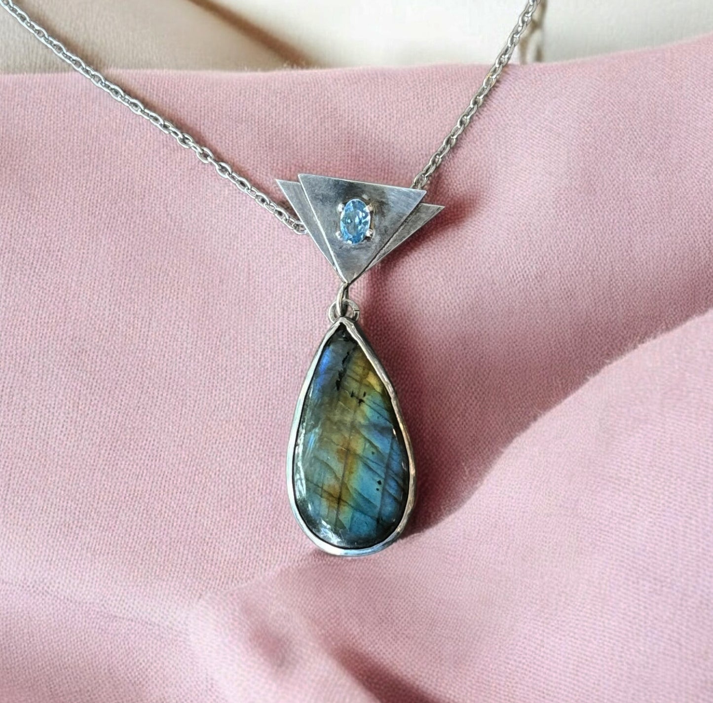 Labradorite Teardrop Pendant set in sterling silver with aquamarine gemstone prong set on double triangle, trendy gemstone necklace, flashy labradorite, intuition enhancing stone, gift for rock lover, handmade birthday present