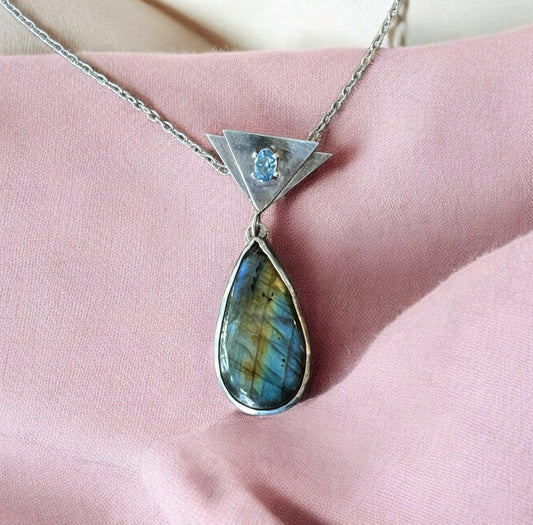 Labradorite Teardrop Pendant set in sterling silver with aquamarine gemstone prong set on double triangle, trendy gemstone necklace, flashy labradorite, intuition enhancing stone, gift for rock lover, handmade birthday present