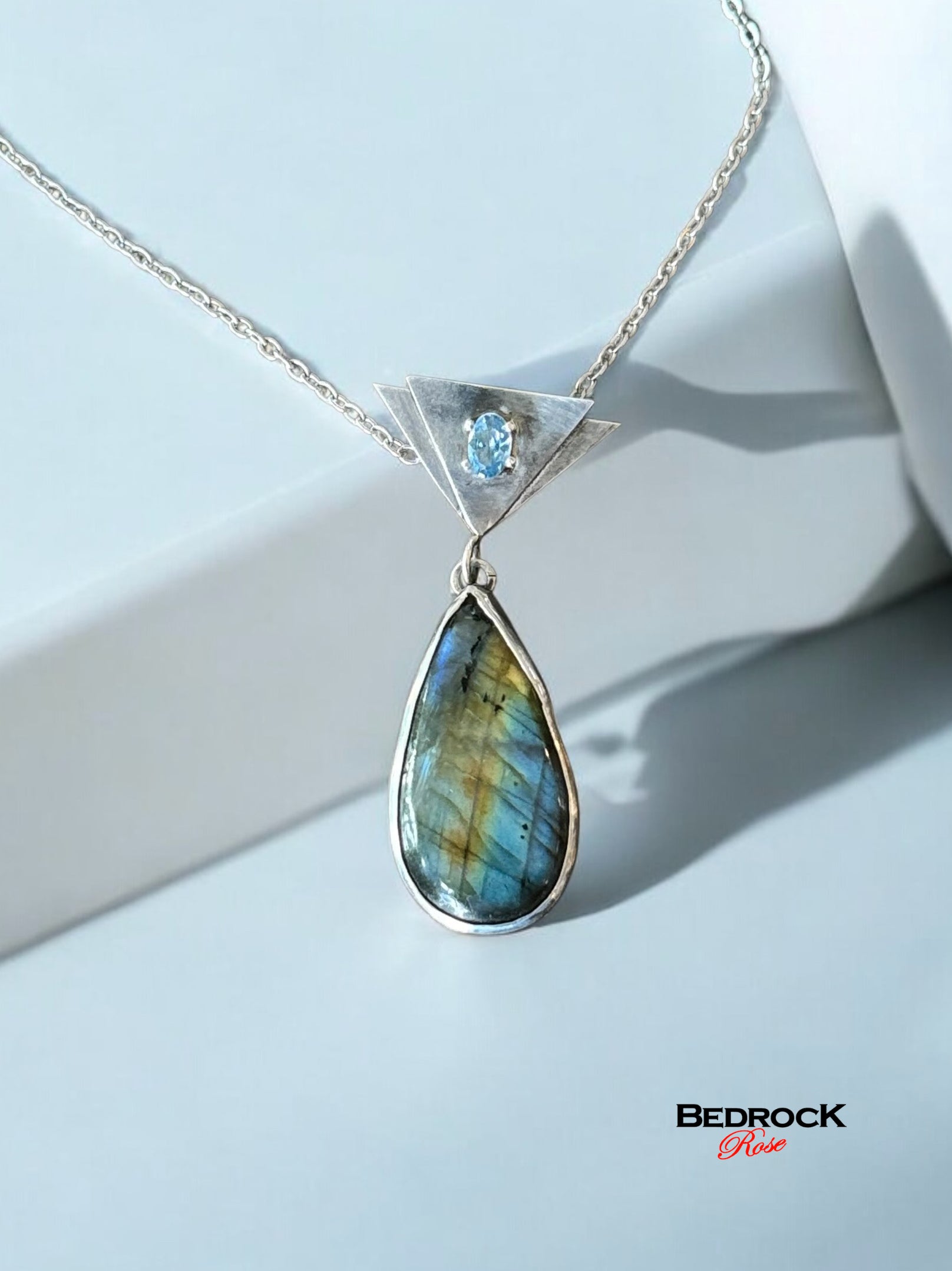 Labradorite Teardrop Pendant set in sterling silver with aquamarine gemstone prong set on double triangle, trendy gemstone necklace, flashy labradorite, intuition enhancing stone, gift for rock lover, handmade birthday present