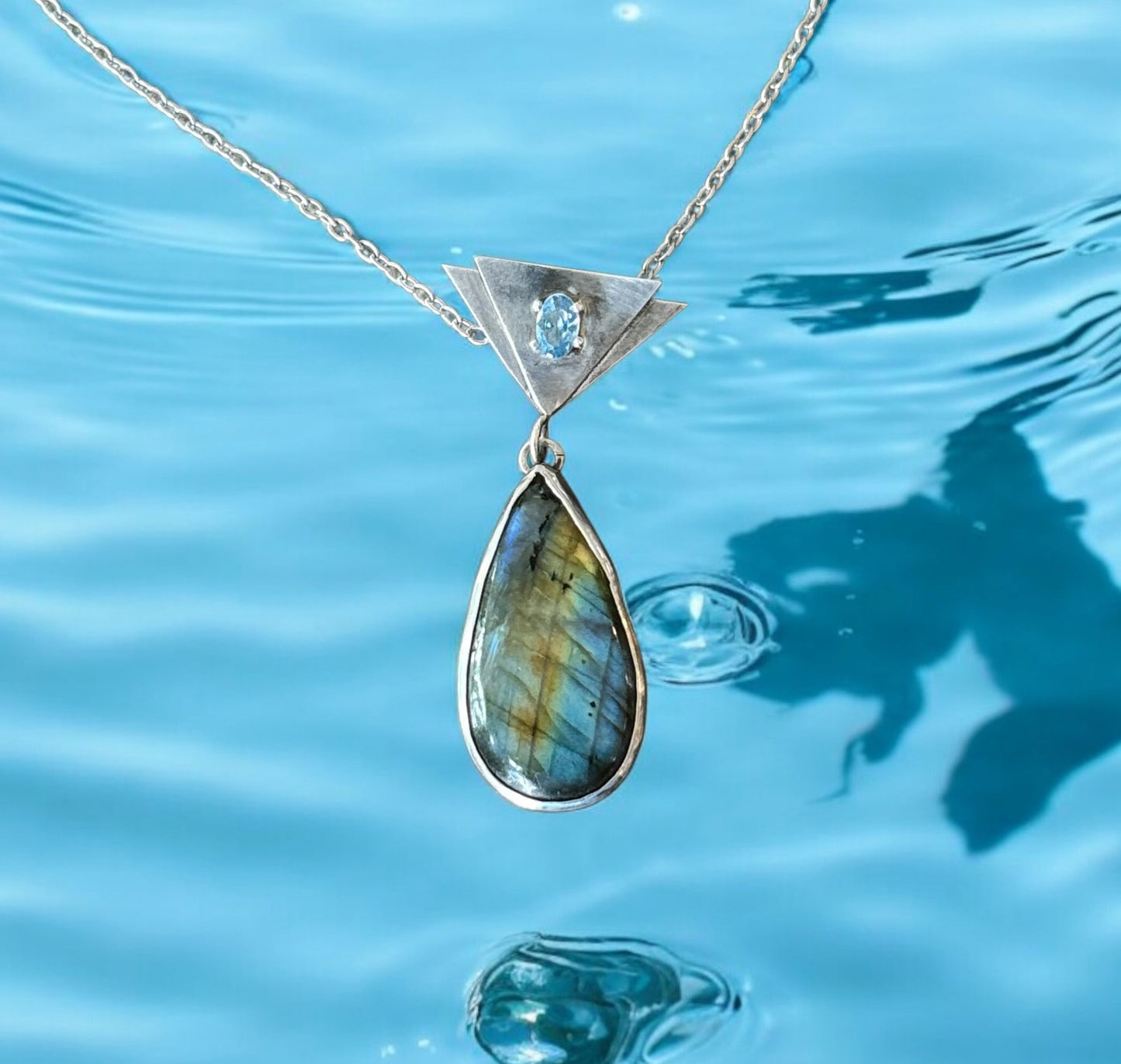 Labradorite Teardrop Pendant set in sterling silver with aquamarine gemstone prong set on double triangle, trendy gemstone necklace, flashy labradorite, intuition enhancing stone, gift for rock lover, handmade birthday present
