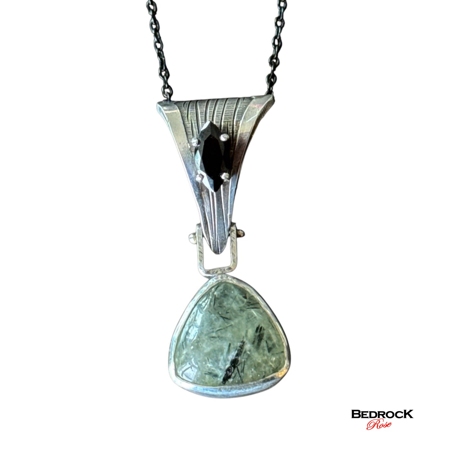 Trillion Prehnite Pendant with swivel bail set with onyx marquise stone, Prehnite Communication stone, Sterling Silver, Gift for Her, Modern Jewelry