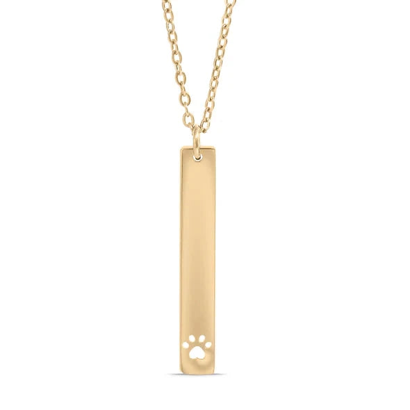 Paw print vertical gold bar necklace, pet lover, cat and dog owner,