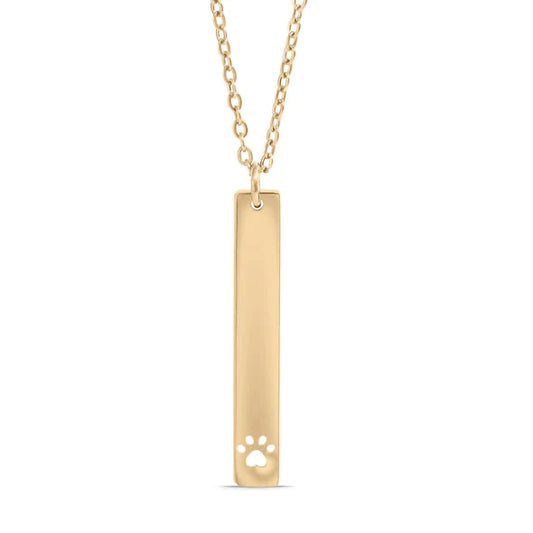 Paw print vertical gold bar necklace, pet lover, cat and dog owner,