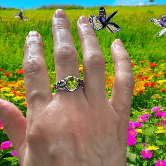 Peridot Prong set onto Victorian Style Ring sterling silver