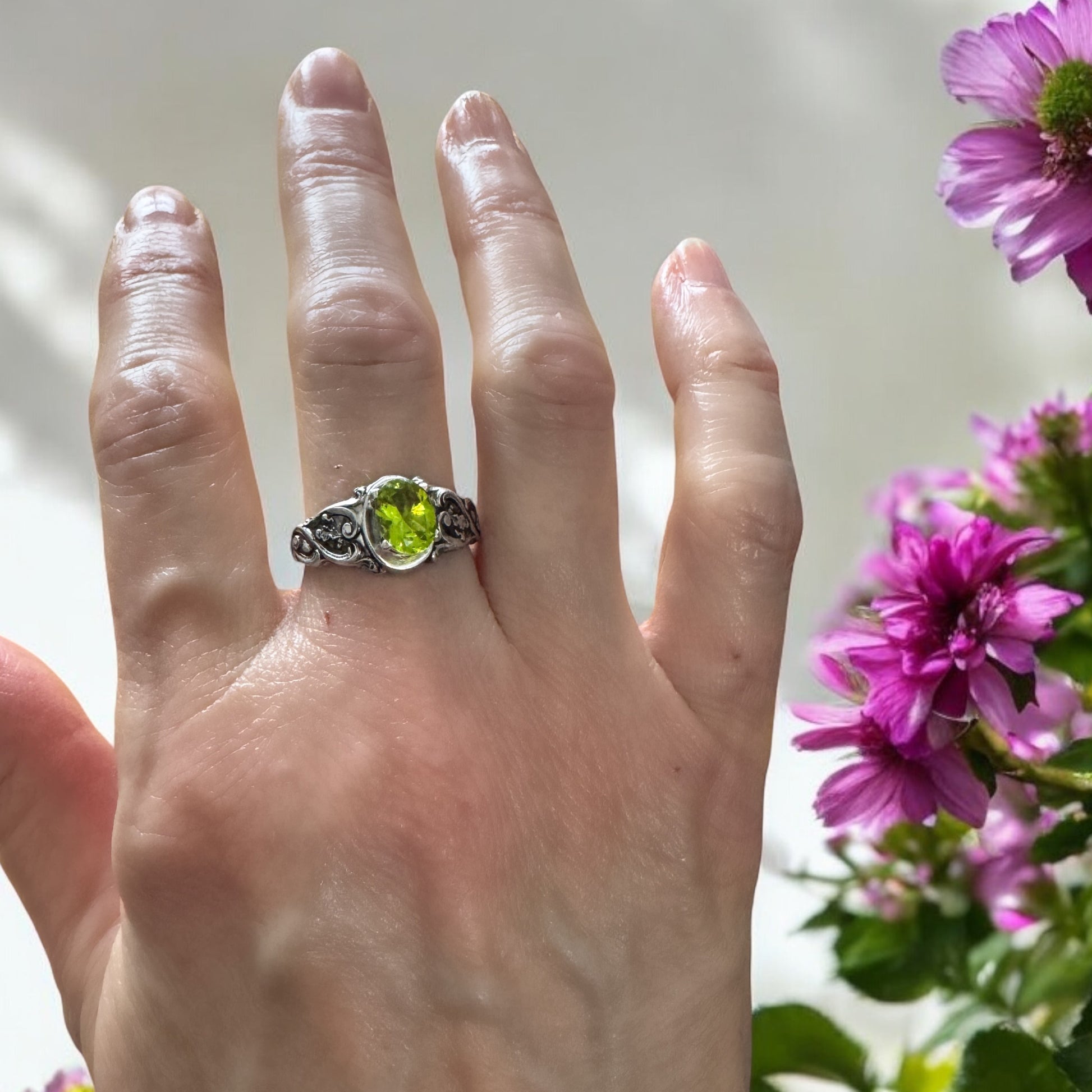 Peridot Prong set onto Victorian Style Ring sterling silver