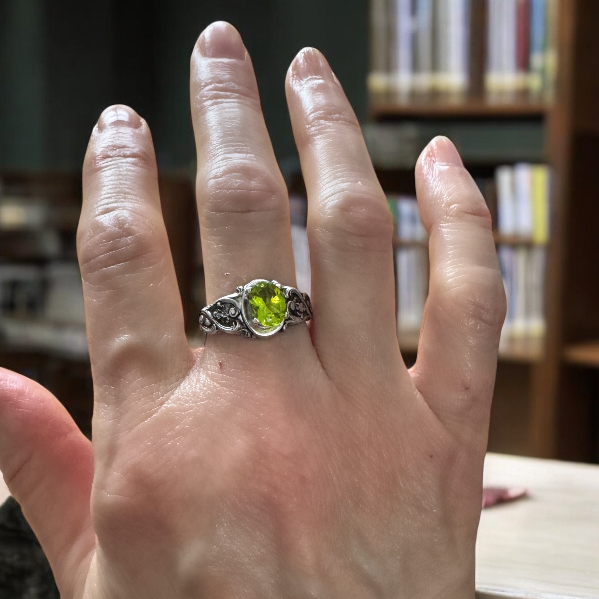 Peridot Prong set onto Victorian Style Ring sterling silver
