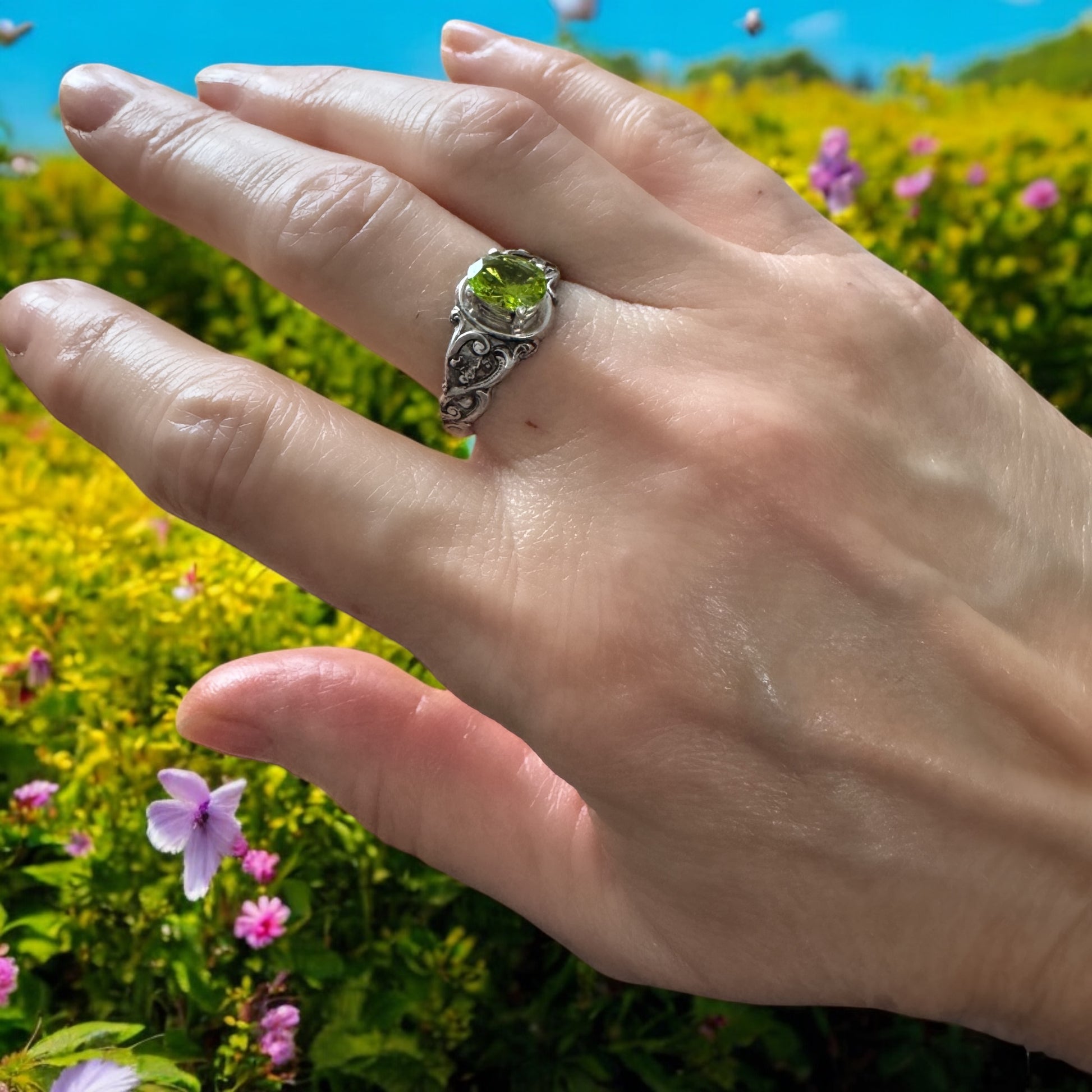 Peridot Prong set onto Victorian Style Ring sterling silver