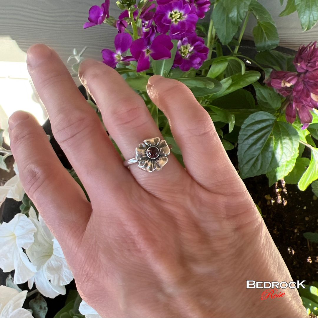 Sterling Silver Cherry Blossom Ring, Garnet Gemstone Floral Ring, Dainty Cherry Blossom Sterling Silver Ring, Gift for Her, January Birthstone Ring,