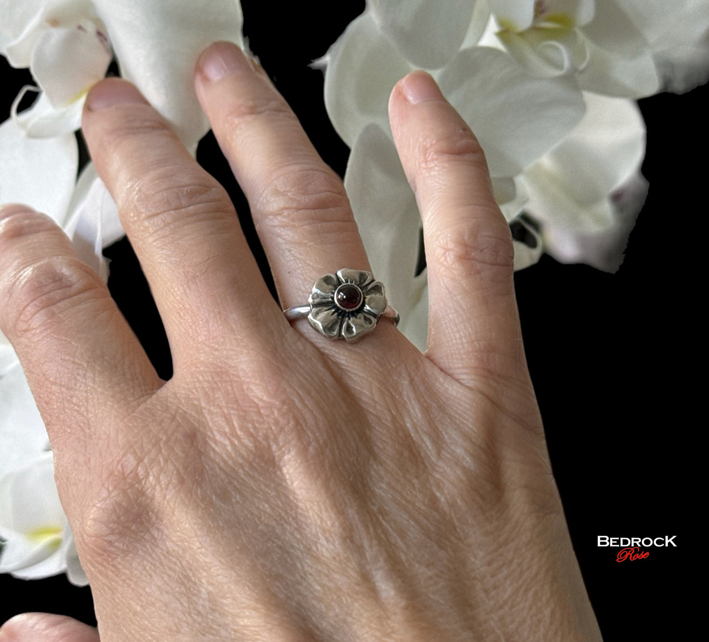 Sterling Silver Cherry Blossom Ring, Garnet Gemstone Floral Ring, Dainty Cherry Blossom Sterling Silver Ring, Gift for Her, January Birthstone Ring,