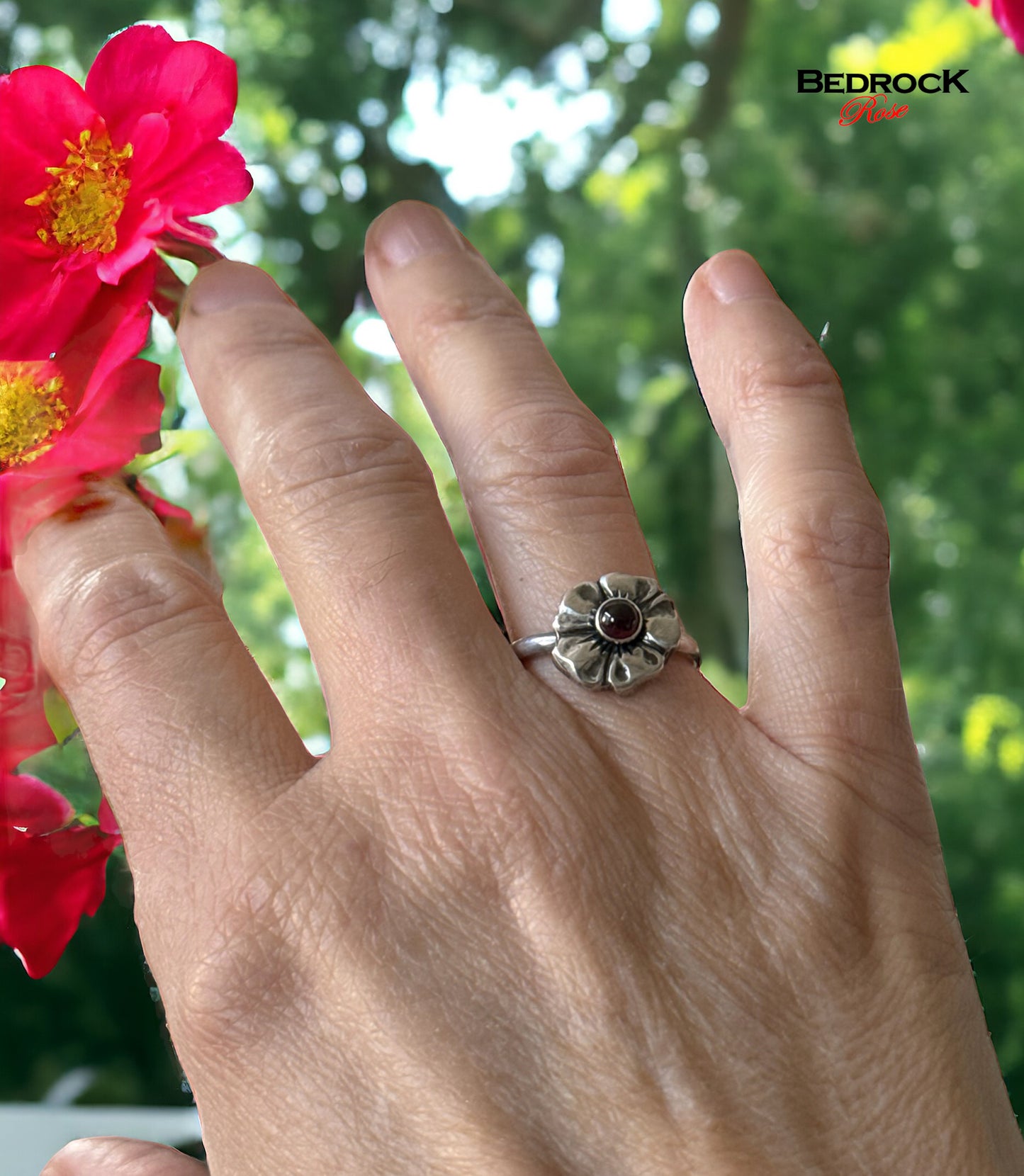 Sterling Silver Cherry Blossom Ring, Garnet Gemstone Floral Ring, Dainty Cherry Blossom Sterling Silver Ring, Gift for Her, January Birthstone Ring, 