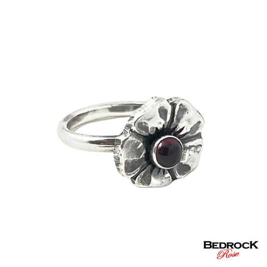 Sterling Silver Cherry Blossom Ring, Garnet Gemstone Floral Ring, Dainty Cherry Blossom Sterling Silver Ring, Gift for Her, January Birthstone Ring,