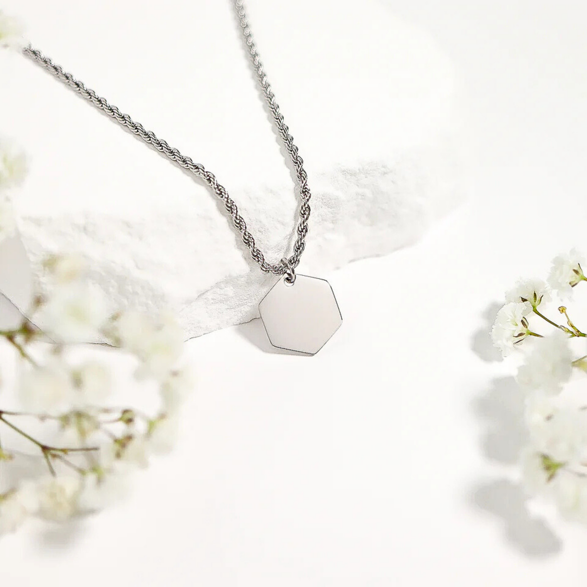 Silver hexagon stainless steel personalized engraved pendant, gift for her