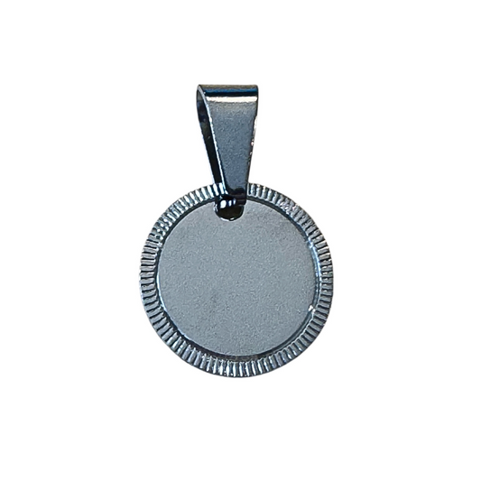 Silver high-polish round framed pendant, personalizable, engravable, hypoallergenic, nontarnish, great gift
