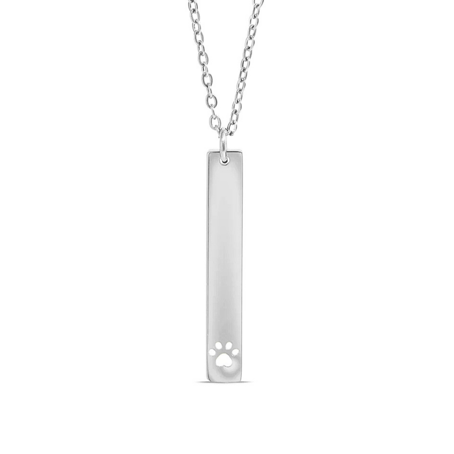 silver paw print vertical bar necklace for pet lover, cat or dog lover gift, personalized, engraved