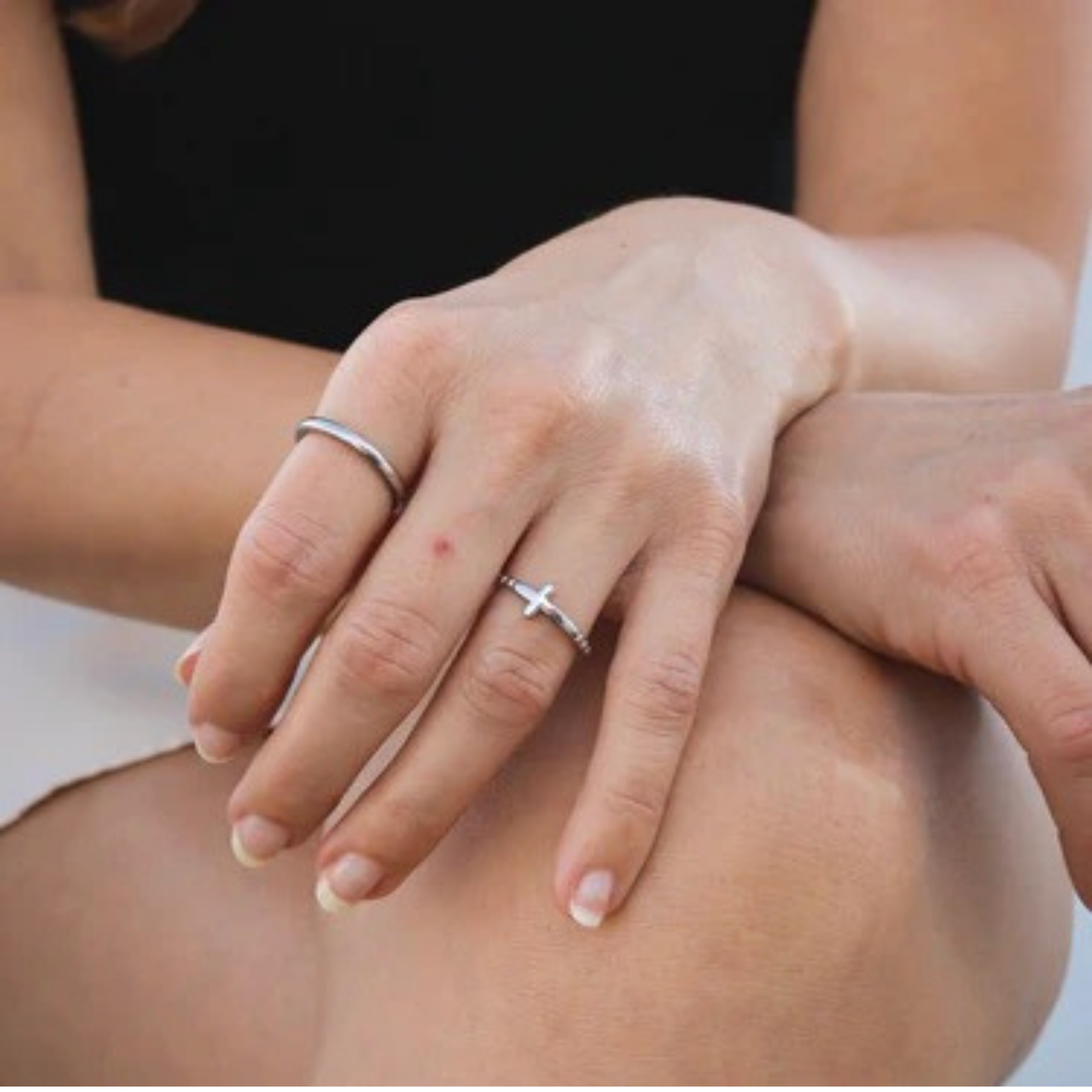 Silver rounded ring band, stainless steel, engravable, personalizable, custom jewelry, gift for him or her, on model