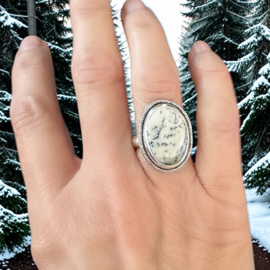 Dendritic agate, merlinite gemstone statement ring, white with black dendrites set in sterling silver, gift for her, statement ring