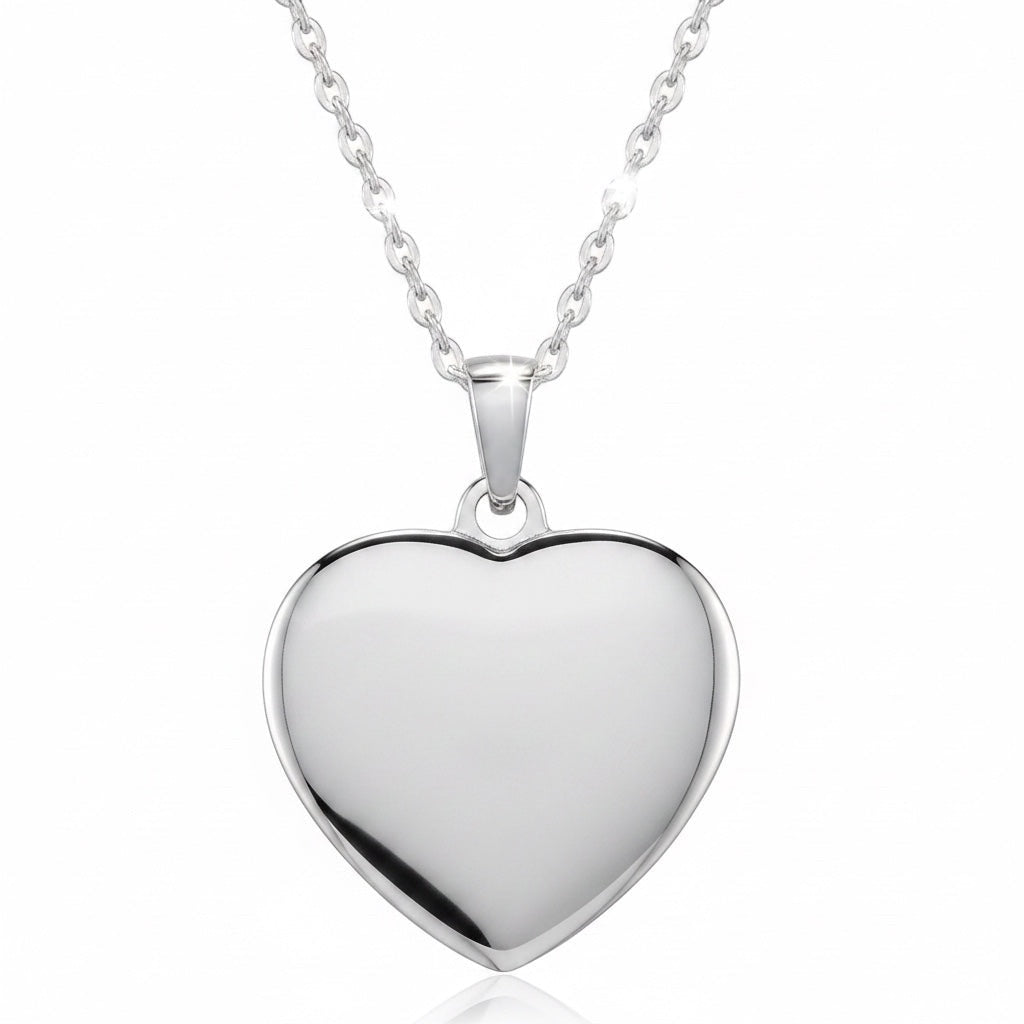 Bedrock Rose personalized silver heart pendant on a delicate stainless steel chain against a white background