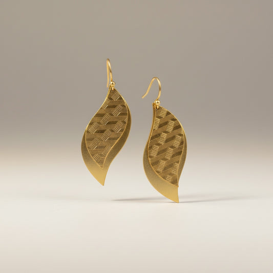 Bedrock Rose Art Deco geometric etched brass leaf dangle earrings with layered design and subtle movement.