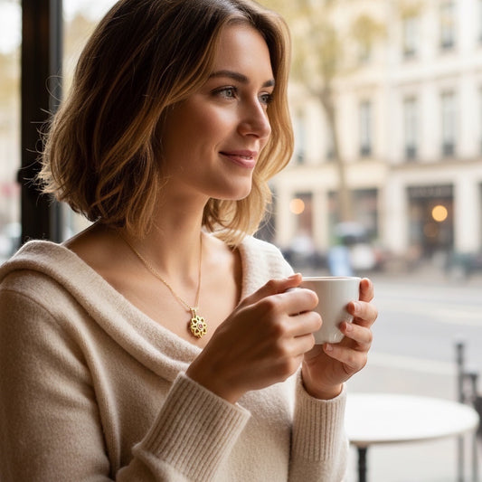Bedrock Rose gold Art Deco floral pendant necklace with ruby, worn by a woman holding a coffee cup.