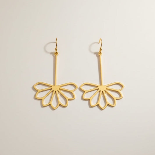 Bedrock Rose gold-plated brass drop earrings featuring a geometric Art Deco flower design on surgical steel wires.