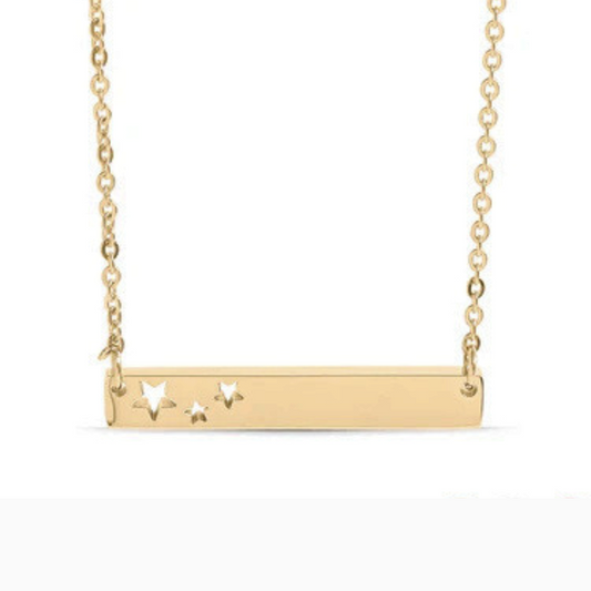 Bedrock Rose gold-tone stainless steel horizontal bar necklace featuring delicate star cutouts on a fine chain.