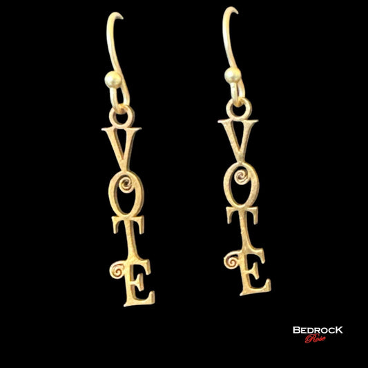 Gold Vote Dangling Earrings Laser Cut, Democracy Earrings, Scroll Font, Election Earrings