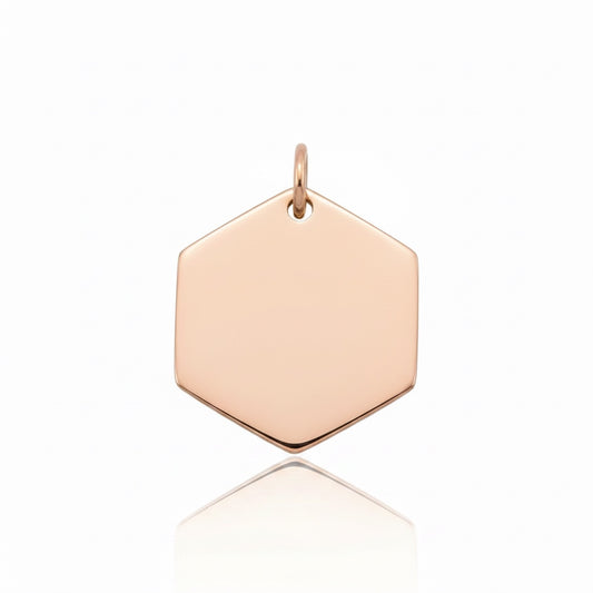 Bedrock Rose mini hexagon pendant in polished rose gold stainless steel, perfect for custom engraving.