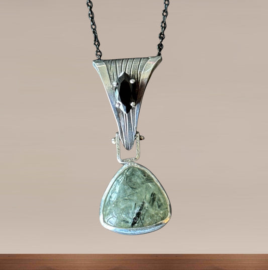 Prehnite & Marquise Onyx Statement Pendant – Hand-Milled Sterling Silver on Black Stainless Steel Chain