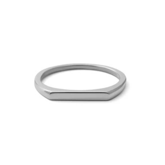 Bedrock Rose personalized dainty silver-tone stainless steel horizontal signet stack ring on a white background