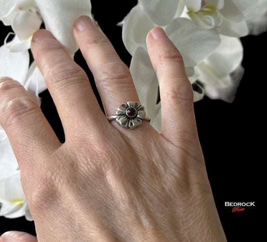 Sterling Silver Cherry Blossom Ring, Garnet Gemstone Floral Ring, Dainty Cherry Blossom Sterling Silver Ring, Gift for Her, January Birthstone Ring,