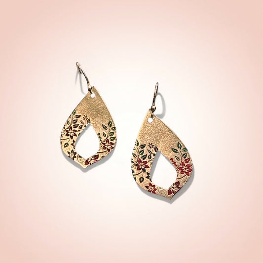 Bedrock Rose gold-plated teardrop earrings with hand-painted crimson floral design and green leaves.
