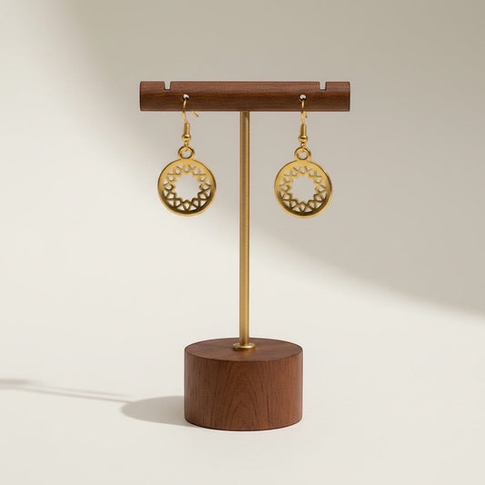 Bedrock Rose gold-plated brass open mandala disc earrings with geometric sunburst pattern, 18 mm.