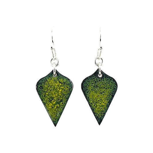Bedrock Rose green and yellow speckled Arabesque dangling earrings with silver hooks.