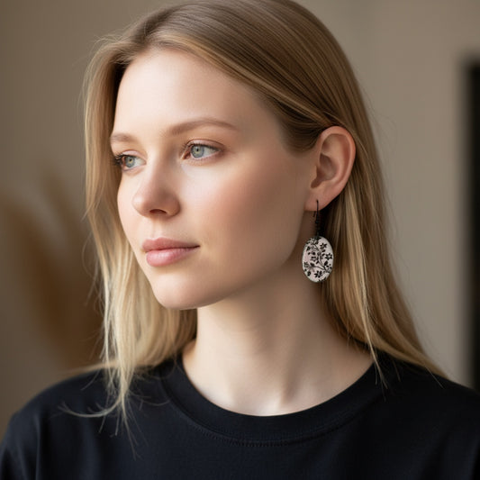 Bedrock Rose hand-enameled oval copper earrings with black floral motif on white base, displayed on a black stand.