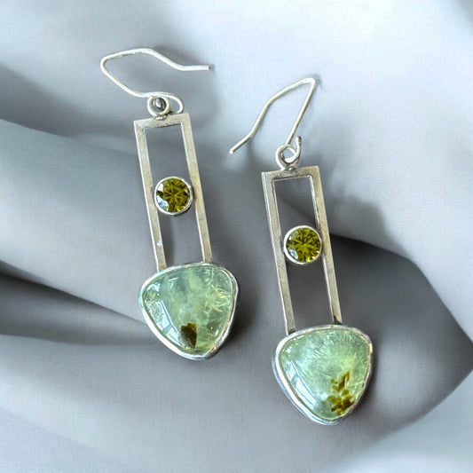 Bedrock Rose Prehnite & Peridot Trillion Dangling Earrings with shepherd hook ear wires.