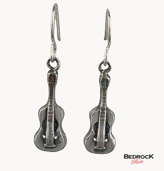 Bedrock Rose silver guitar dangle earrings, sterling silver, 1” x 3/8”, for music lovers.