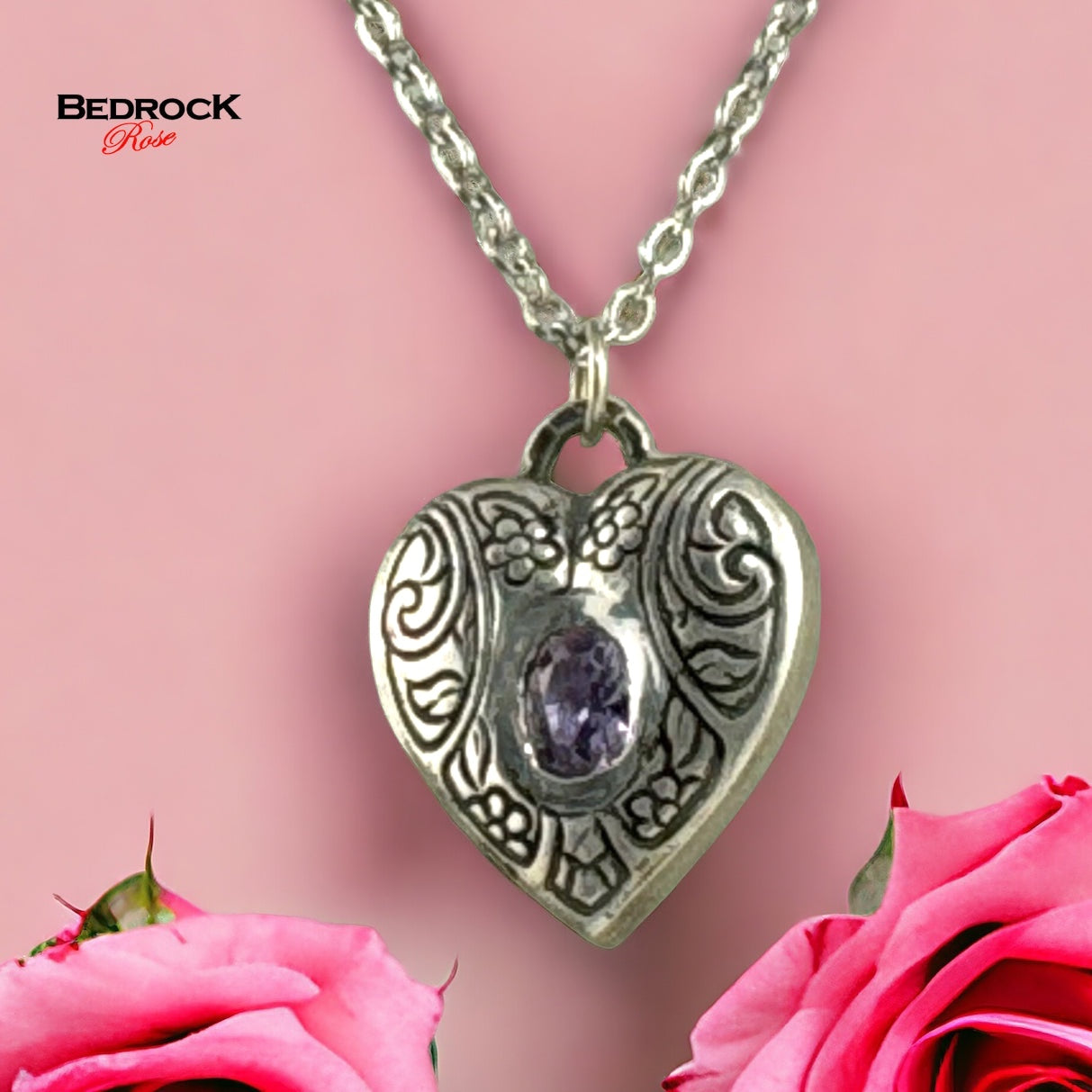 Silver Heart Pendant, Locket-style heart pendant, Silver heart Amethyst Necklace, Valentines Gift, Gift for Her, Heirloom quality heart pendant