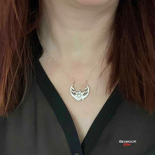 Sterling Silver Moonflower Crescent Pendant Bedrock Rose, Solar Eclipse Jewelry, Moonflower Necklace