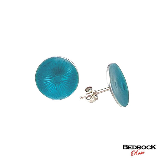 Bedrock Rose turquoise green round post earrings with transparent enamel finish and sunburst detail.