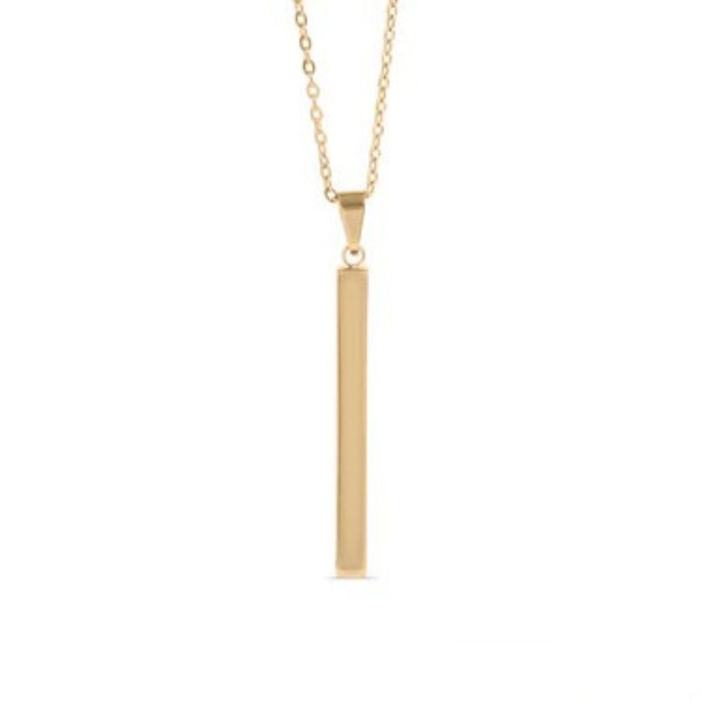 Gold necklace with a vertical bar pendant on a white background