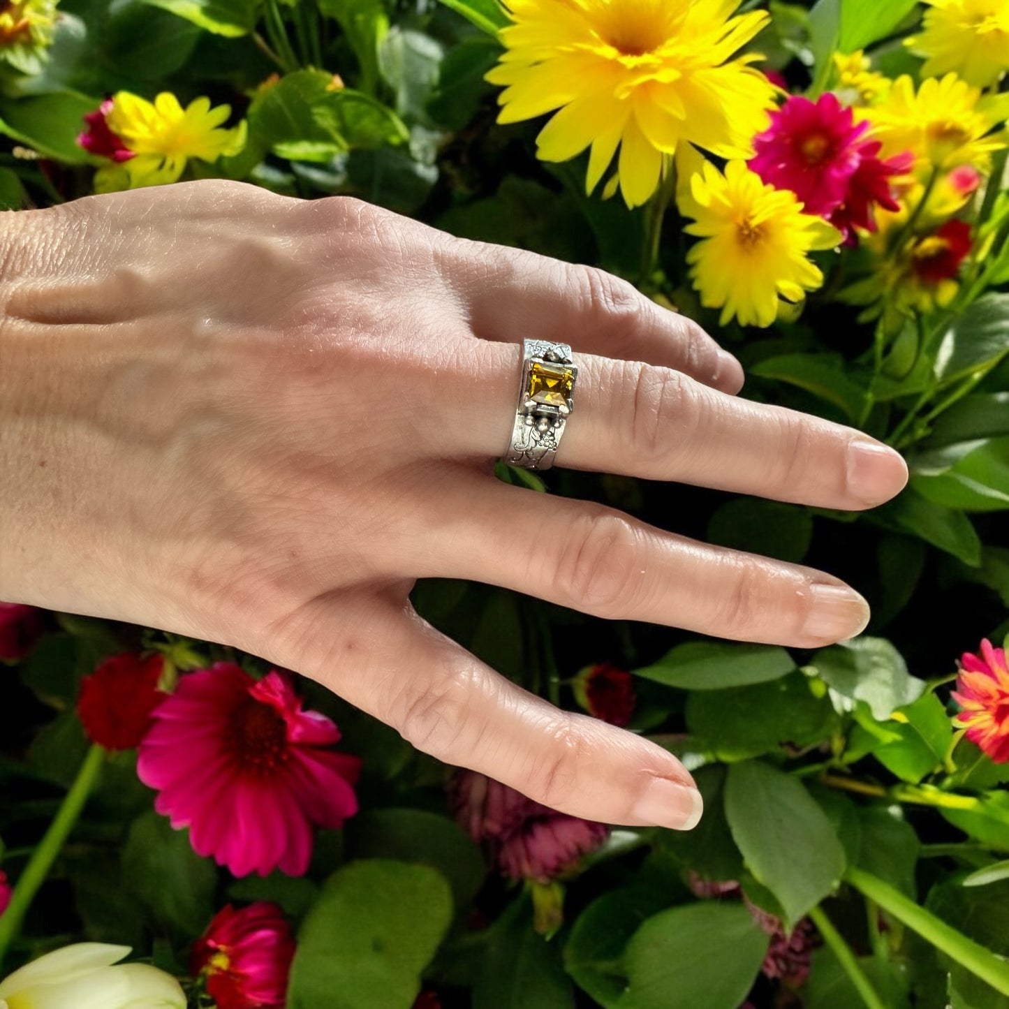 In Vino Veritas Ring, In Wine Truth, Sterling Silver statement ring, Yellow gemstone, grapevine