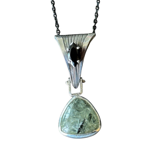 Prehnite & Marquise Onyx Statement Pendant – Hand-Milled Sterling Silver on Black Stainless Steel Chain