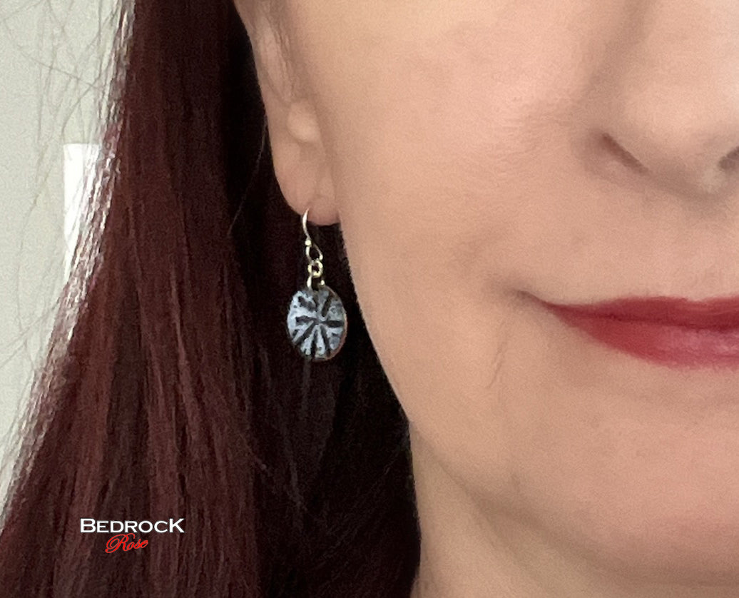 Sand Dollar Dangling Earrings, Black on White design on enameled copper earrings, handcrafted earrings, Jewelry Gift