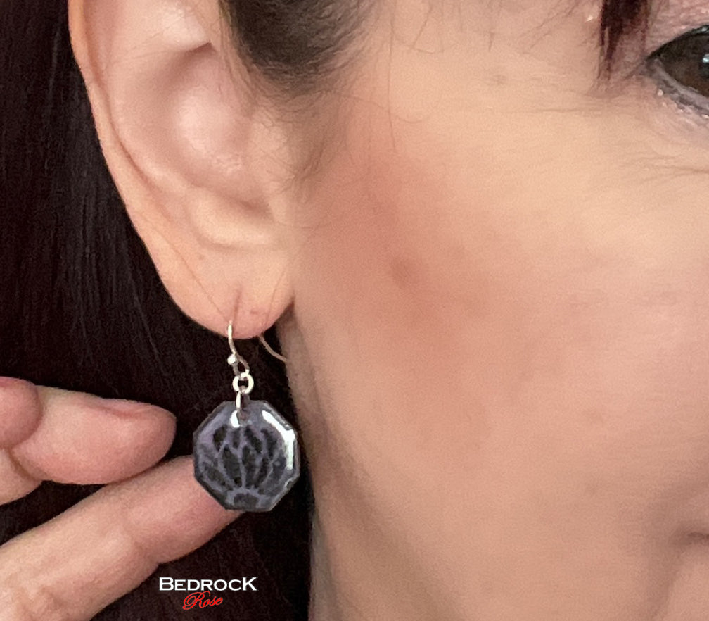 Black flower petals on purple background dangling hexagon earrings, Geometric Jewelry