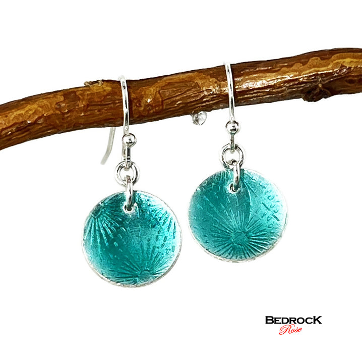 Teal Green Silver Round Dangling Earrings, Enameled Dangle Earrings, Handmade jewelry