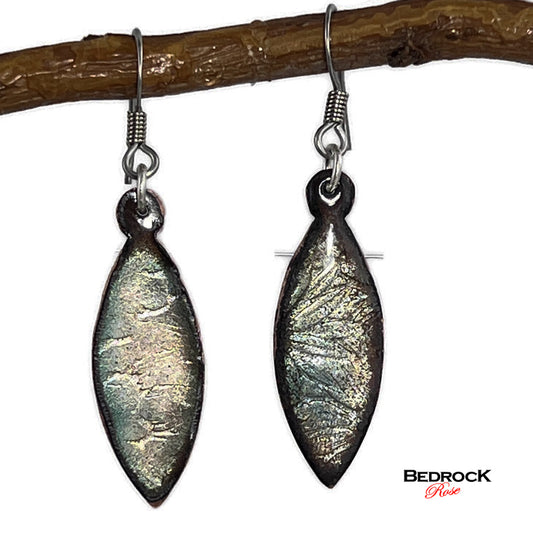 Chatoyant-effect on Copper Enameled Dangling Earrings, Pointed oval statement earrings, Fashion jewelry