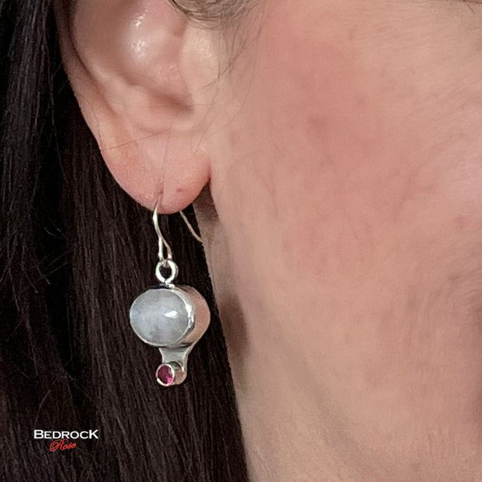 Moonstone Danglinge Earrings, Moonstone and Ruby Gemstone Dangling Earrings, Sterling Silver Handcrafted Moonstone Earrings, Iridescent Moonstone Jewelry, Calming Stone Jewelry, Gift for Her, White Gemstone Earrings