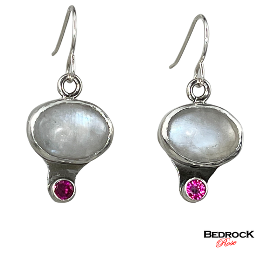Moonstone Danglinge Earrings, Moonstone and Ruby Gemstone Dangling Earrings, Sterling Silver Handcrafted Moonstone Earrings, Iridescent Moonstone Jewelry, Calming Stone Jewelry, Gift for Her, White Gemstone Earrings