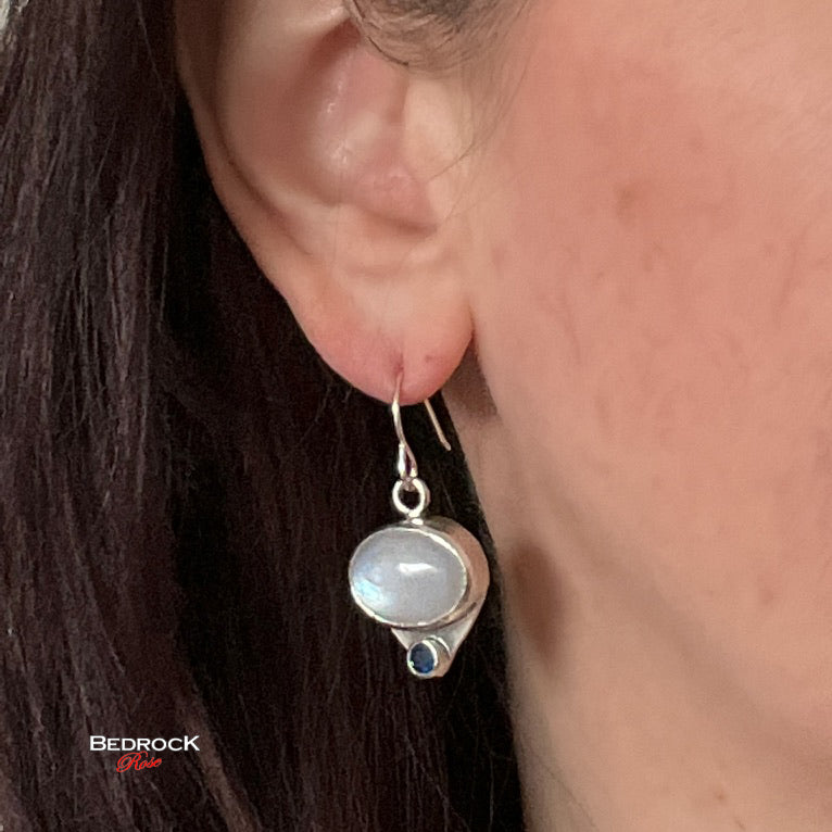 Moonstone Danglinge Earrings, Moonstone and Sapphire Gemstone Dangling Earrings, Sterling Silver Handcrafted Moonstone Earrings, Iridescent Moonstone Jewelry, Calming Stone Jewelry, Gift for Her, White Gemstone Earrings